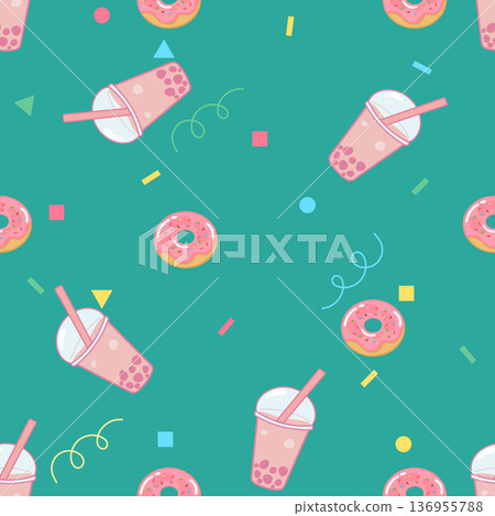 Seamless pattern of cute donuts and pink bubble milk tea on green background 136955788