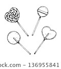 Black and white line art illustration set of lollipops in round, swirl and heart shapes. Hand drawn candy collection in ink style for Valentine promotions, packaging design and confectionery branding. Black and white line art illustration set of lollipops in round, swirl and heart shapes. Hand drawn candy collection in ink style for Valentine promotions, packaging design and confectionery branding. 136955841