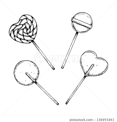 Black and white line art illustration set of lollipops in round, swirl and heart shapes. Hand drawn candy collection in ink style for Valentine promotions, packaging design and confectionery branding. Black and white line art illustration set of lollipops in round, swirl and heart shapes. Hand drawn candy collection in ink style for Valentine promotions, packaging design and confectionery branding. 136955841