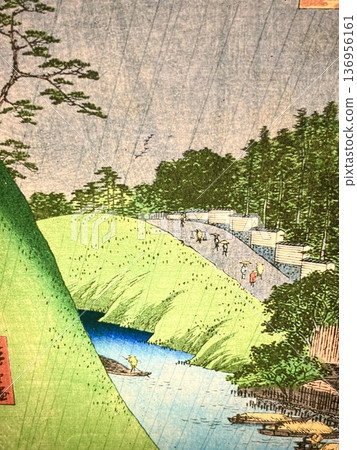 浮世繪描繪了雨、船夫和沿著山路行走的人們 浮世繪描繪了雨、船夫和沿著山路行走的人們 136956161
