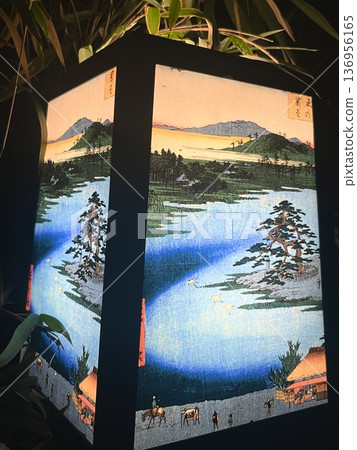 Ukiyo-e lantern with pine trees, birds, a man on horseback, and mountain scenery Ukiyo-e lantern with pine trees, birds, a man on horseback, and mountain scenery 136956165