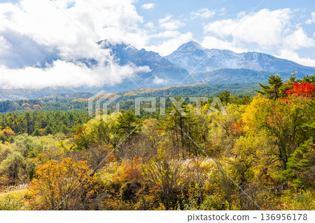 Autumn in Urabandai, Fukushima: Lake Goshikinuma with autumn foliage; Mount Bandai Autumn in Urabandai, Fukushima: Lake Goshikinuma with autumn foliage; Mount Bandai 136956178