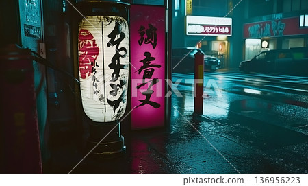 賽博龐克風格的日本後街:霓虹燈閃爍的雨夜景色 賽博龐克風格的日本後街:霓虹燈閃爍的雨夜景色 136956223