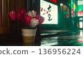 Cyberpunk Japanese back alleys: Neon-lit rainy night scenery 136956224