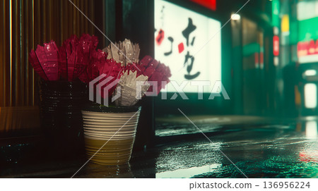 賽博龐克風格的日本後街:霓虹燈閃爍的雨夜景色 賽博龐克風格的日本後街:霓虹燈閃爍的雨夜景色 136956224