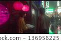 Cyberpunk Japanese back alleys: Neon-lit rainy night scenery 136956225