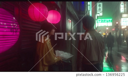 Cyberpunk Japanese back alleys: Neon-lit rainy night scenery Cyberpunk Japanese back alleys: Neon-lit rainy night scenery 136956225