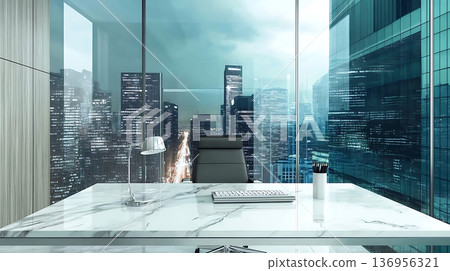 A futuristic luxury home office with a city night view A futuristic luxury home office with a city night view 136956321