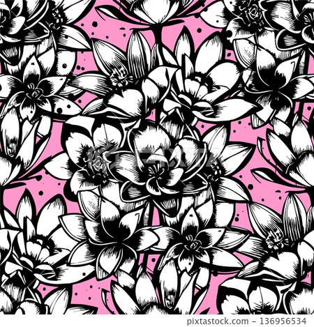 seamless pattern of black and white flowers on a pink background, texture, design seamless pattern of black and white flowers on a pink background, texture, design 136956534