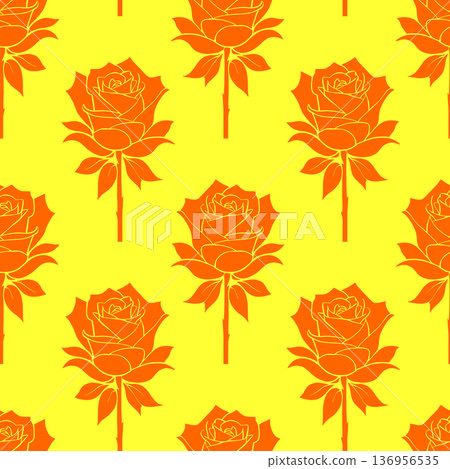 seamless graphic floral pattern orange roses on yellow background, texture, design 136956535