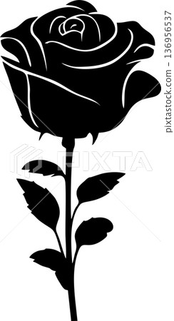 black graphic drawing of a rose flower on a white background, isolated element, decor 136956537
