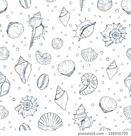 Hand drawn seashells seamless pattern. Doodle seashells pattern in dark blue color 136956700