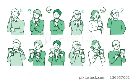 Set illustration of men and women of all ages solving problems with smartphones. From worries to solutions. Before and after composition. Set illustration of men and women of all ages solving problems with smartphones. From worries to solutions. Before and after composition. 136957001