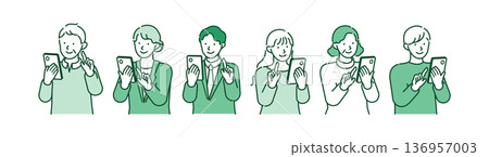 一群不同年齡、性別的人們面帶微笑,操作智慧型手機。展現了數位科技應用和網路使用情況。 一群不同年齡、性別的人們面帶微笑,操作智慧型手機。展現了數位科技應用和網路使用情況。 136957003