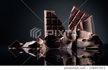 A broken chocolate bar and pieces of dark chocolate on a black reflective background. A broken chocolate bar and pieces of dark chocolate on a black reflective background. 136957015
