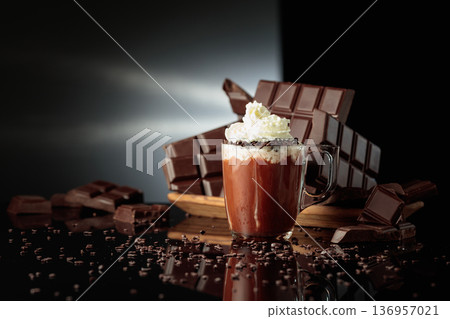 Hot chocolate with whipped cream sprinkled with chocolate crumb. Hot chocolate with whipped cream sprinkled with chocolate crumb. 136957021