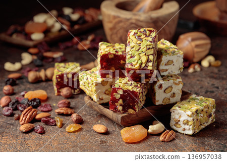 Turkish delight with nuts and dried fruits. Turkish delight with nuts and dried fruits. 136957038