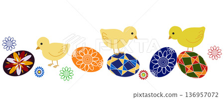 Horizontal Easter banner with three cute yellow chicks standing among decorative Easter eggs 136957072