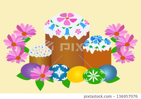 Easter illustration with three glazed Easter eggs, colorful Easter eggs and bright pink flowers 136957076