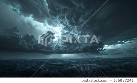 遠處可以看到一團巨大的積雨雲延伸到地平線上，雲層中閃電交加（灰色－暴風雨前的預兆）。 136957241