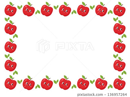 Cute red apple kawaii characters rectangular border frame template 136957264