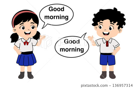 Cartoon illustration of Thai primary school boy and girl students saying Good morning to each other, cute children in school uniforms with speech bubbles greeting in English on white background 136957314