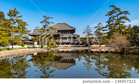 東大寺大佛殿,在蔚藍的春日天空下閃閃發光 東大寺大佛殿,在蔚藍的春日天空下閃閃發光 136957323