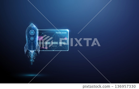 3d neon bank card with flying rocket Fast payments, financial acceleration, rapid transactions, fintech innovation, startup banking, high-speed money transfer concept. 136957330
