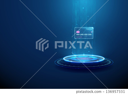 3d bank card on futuristic podium within vertical stream of data points. Fintech innovation, secure financial infrastructure, advanced transaction monitoring concept 136957331