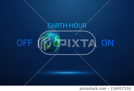 Blue OFF button with planet Earth. Environmental awareness, Earth Hour initiative, global sustainability, eco-friendly behavior, environmental responsibility concept. 136957338