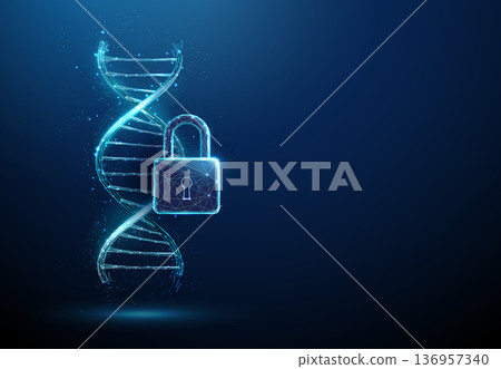 3d blue DNA strand with padlock. Genetic data protection, secure biotechnology, genome privacy, DNA encryption, medical data safety, biotech security measures concept. 136957340