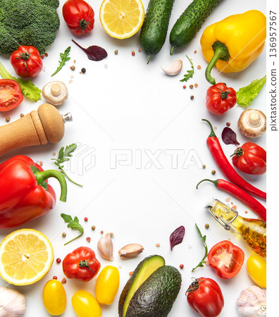 Fresh healthy organic vegetables and herbs forming frame Fresh healthy organic vegetables and herbs forming frame 136957567