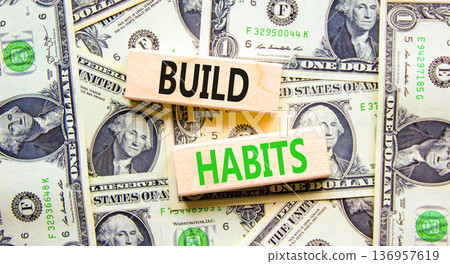 Build habits symbol. Concept word Build habits on beautiful wooden blocks. Dollar bills. Beautiful dollar bills background. Business build habits concept. Copy space. 136957619