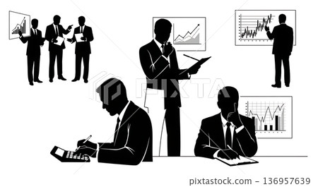 Black Solid Realtor Calculating Mortgage Silhouettes Set of Six on White Background 136957639
