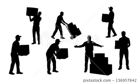 Black Solid Realtor Carrying Boxes Silhouettes Set of Six on White Background 136957642