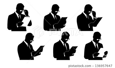 Black Solid Realtor Adjusting Glasses Silhouettes Set of Six on White Background 136957647