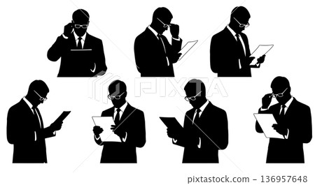 Black Solid Realtor Adjusting Glasses Silhouettes Set of Six on White Background 136957648