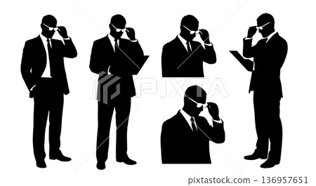 Black Solid Realtor Adjusting Glasses Silhouettes Set of Six on White Background 136957651