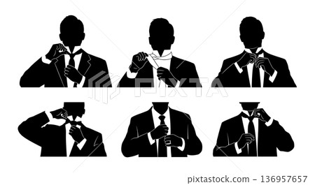 Black Solid Realtor Adjusting Tie Silhouettes Set of Six on White Background Black Solid Realtor Adjusting Tie Silhouettes Set of Six on White Background 136957657