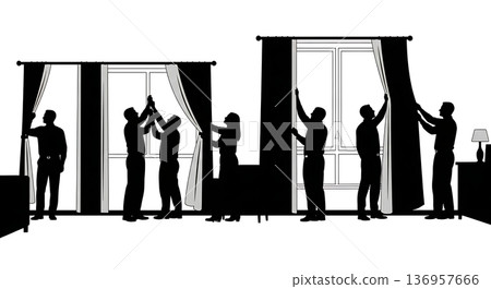 Black Solid Realtor Adjusting Curtain Silhouettes Set of Six on White Background 136957666