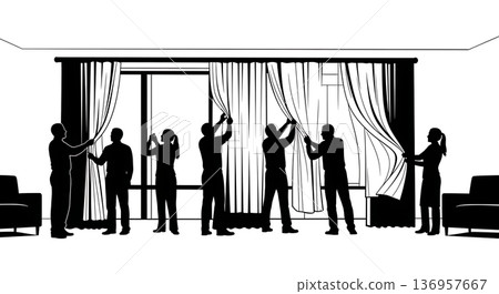 Black Solid Realtor Adjusting Curtain Silhouettes Set of Six on White Background Black Solid Realtor Adjusting Curtain Silhouettes Set of Six on White Background 136957667