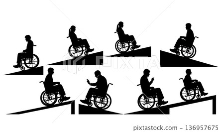 Black Solid Planner Wheelchair Test Silhouettes Set of Six on White Background Black Solid Planner Wheelchair Test Silhouettes Set of Six on White Background 136957675