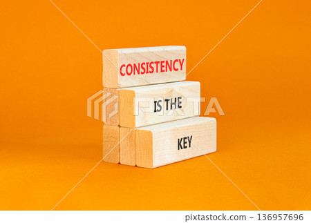 Consistency is the key symbol. Concept words Consistency is the key on beautiful wooden blocks. Beautiful orange background. Business consistency is the key concept. Copy space. 136957696