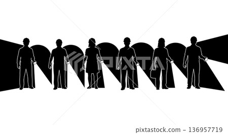 Black Solid Planner Tunnel Inspection Silhouettes Set of Six on White Background 136957719