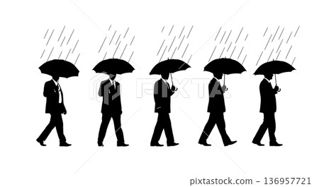 Black Solid Planner Umbrella Rain Silhouettes Set of Six on White Background 136957721