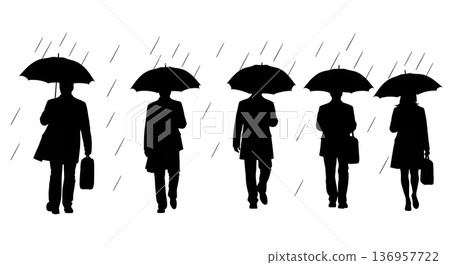 Black Solid Planner Umbrella Rain Silhouettes Set of Six on White Background Black Solid Planner Umbrella Rain Silhouettes Set of Six on White Background 136957722