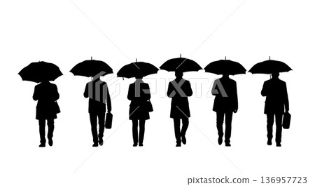 Black Solid Planner Umbrella Rain Silhouettes Set of Six on White Background Black Solid Planner Umbrella Rain Silhouettes Set of Six on White Background 136957723