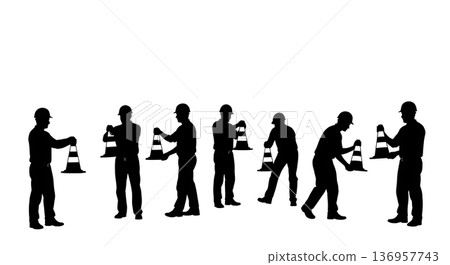 Black Solid Planner Traffic Cone Silhouettes Set of Six on White Background 136957743