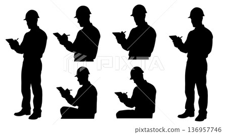 Black Solid Planner Tablet Stylus Silhouettes Set of Six on White Background 136957746