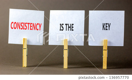 Consistency is the key symbol. Concept words Consistency is the key on beautiful white papers on wooden clothespins. Beautiful grey background. Business consistency is the key concept. Copy space. Consistency is the key symbol. Concept words Consistency is the key on beautiful white papers on wooden clothespins. Beautiful grey background. Business consistency is the key concept. Copy space. 136957770